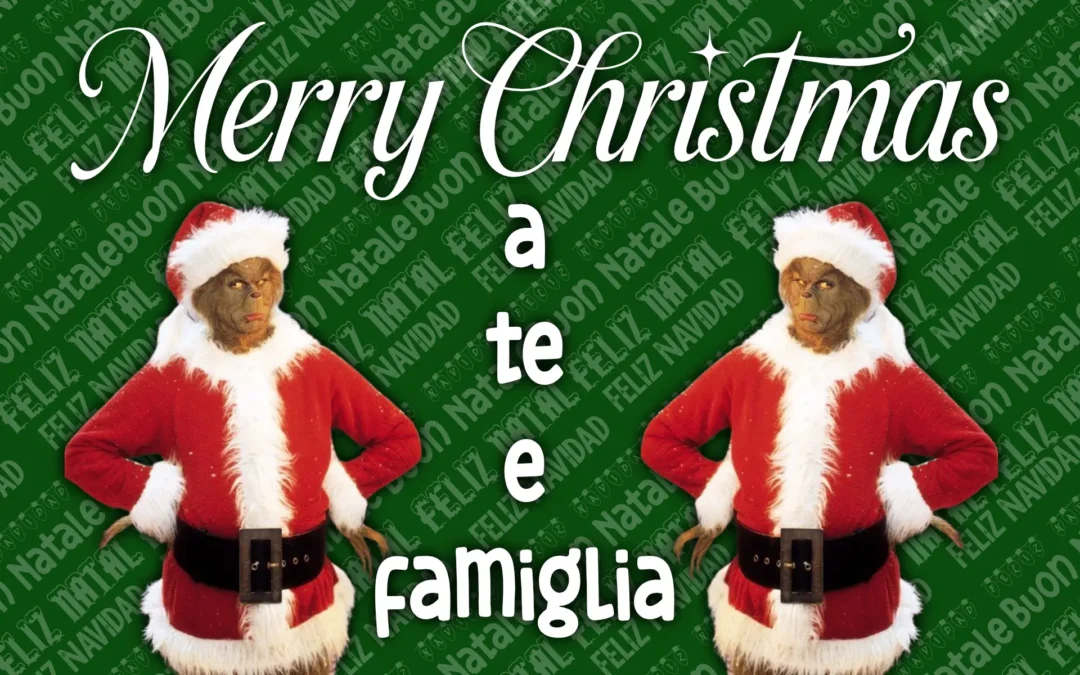 Copertina natalizia con scritta “Merry Christmas” e personaggio del Grinch vestito da Babbo Natale, utilizzata per un articolo sui font e sulla tipografia natalizia