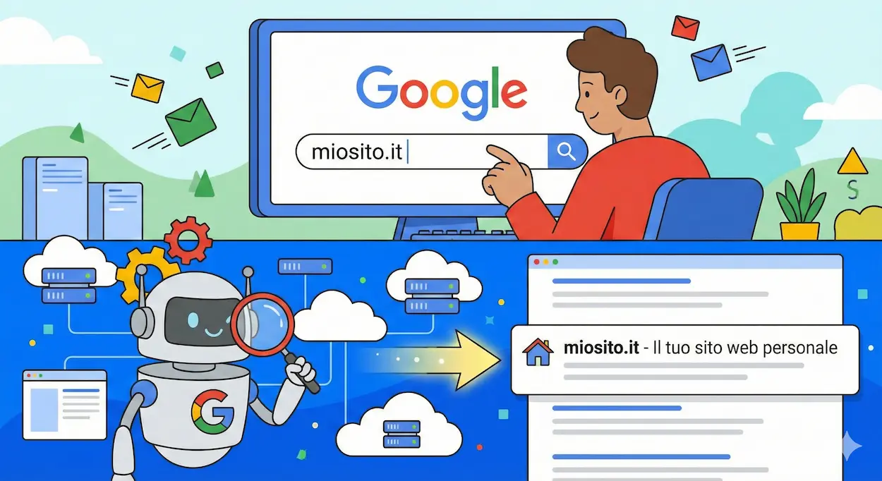 Illustrazione che mostra il processo di indicizzazione Google quando un sito non appare su Google nei risultati di ricerca
