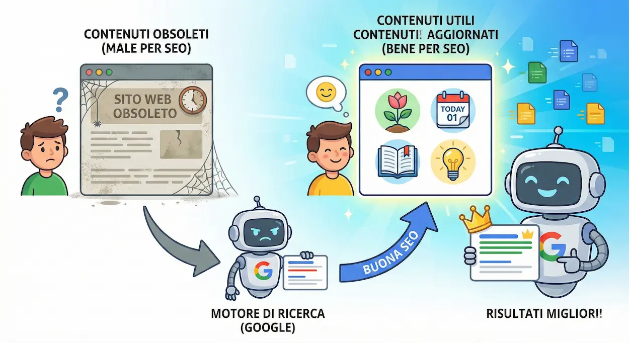 Esempio di sito web non indicizzato con contenuti obsoleti rispetto a contenuti aggiornati che migliorano la visibilità su Google