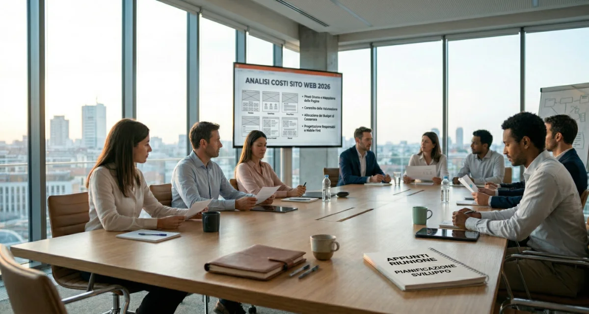 Team di una web agency analizza i costi di un sito web nel 2026 per un cliente PMI