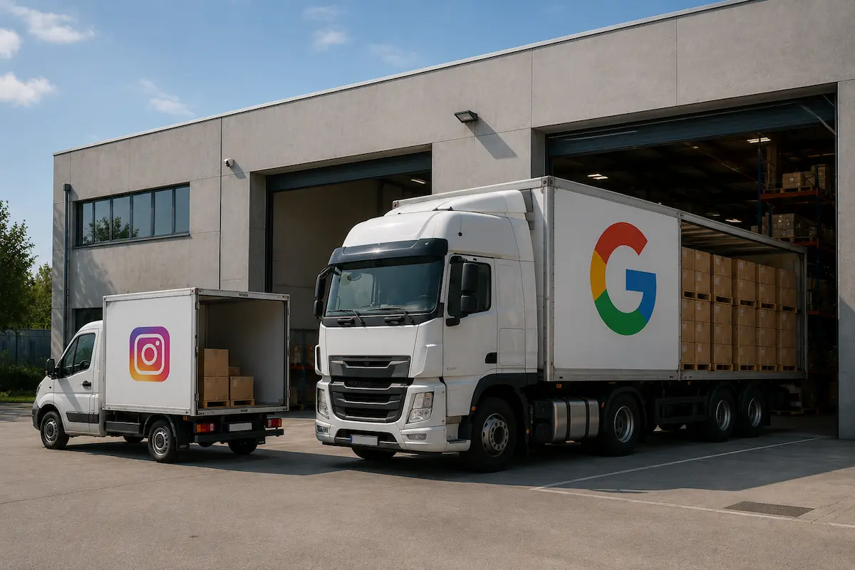 Instagram da solo non basta più , ecco un esempio di un camion con logo Google e Instagram che rappresentano il traffico clienti generato da SEO locale e social media marketing