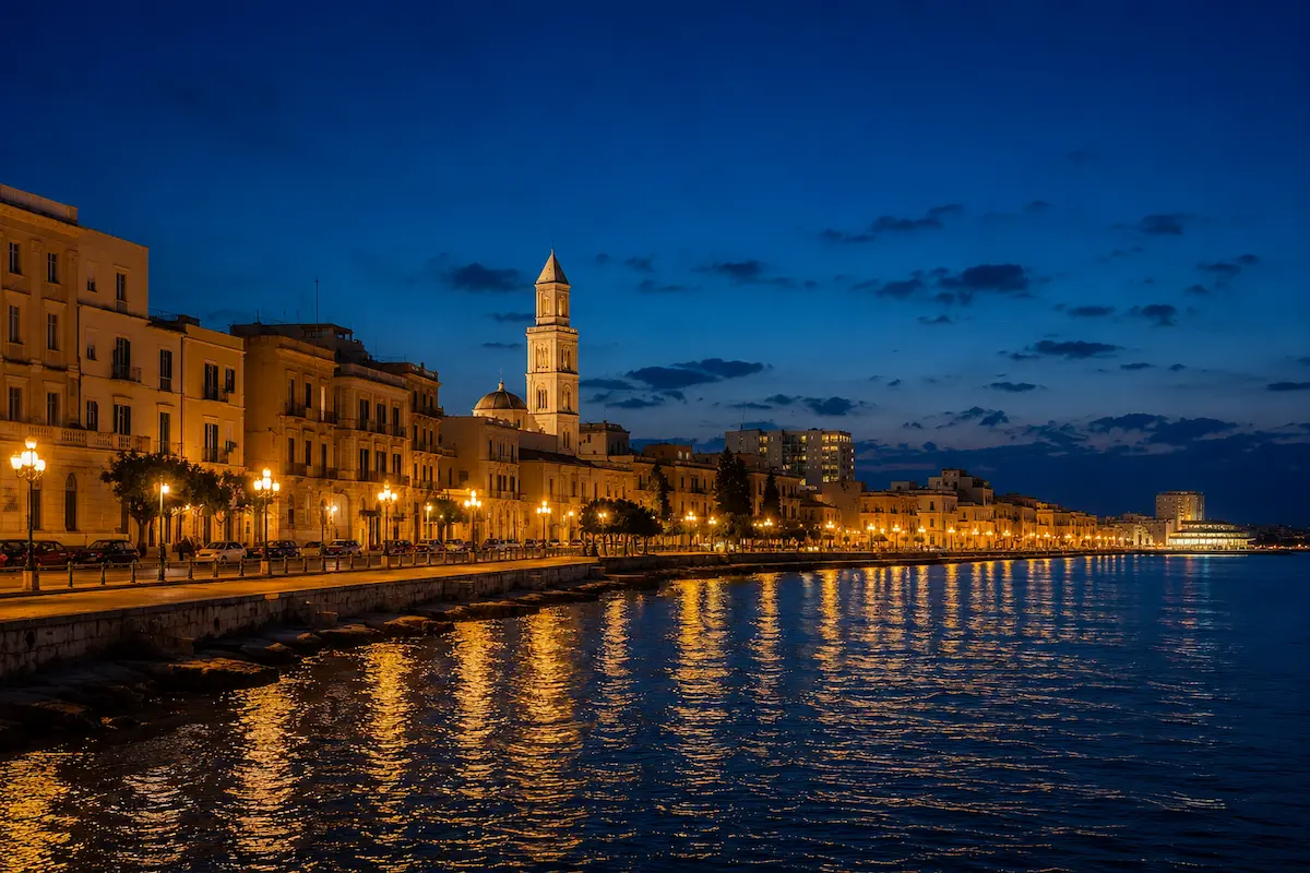 Lungomare di Bari illuminato di notte - servizi SEO Bari e realizzazione siti web