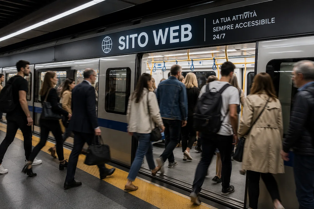 Persone che entrano in una metropolitana brandizzata sito web per rappresentare una presenza online attiva 24 ore su 24