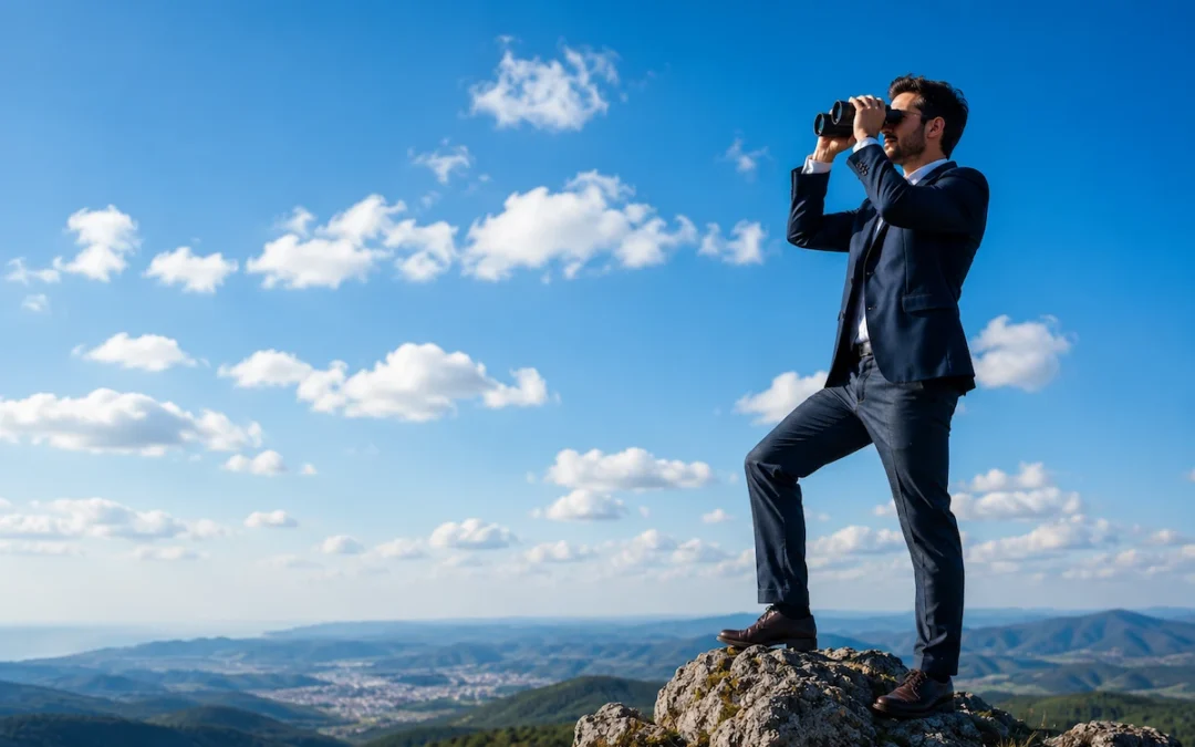 Imprenditore che osserva il futuro del business digitale tra SEO, marketing online e crescita aziendale