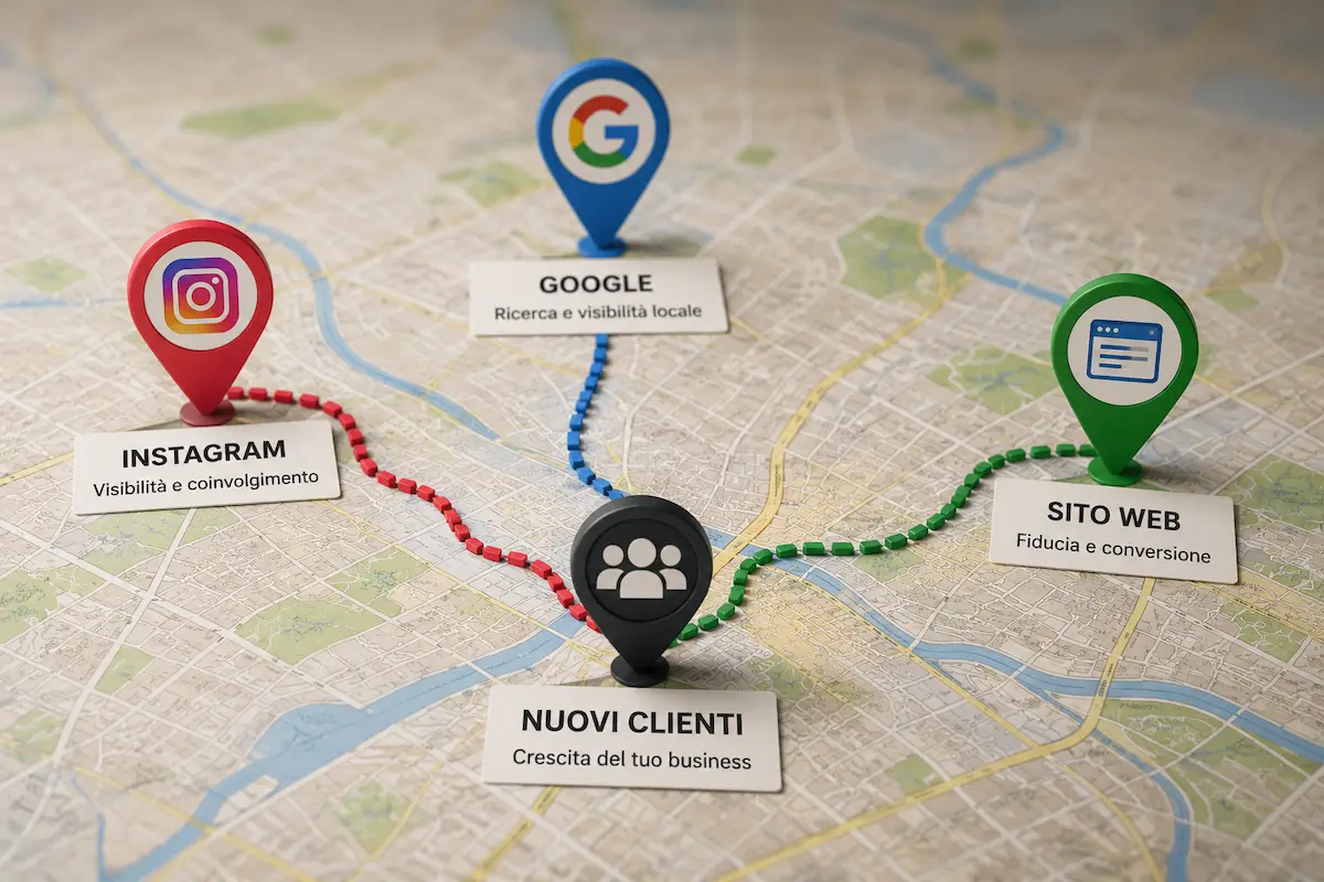 Trovare clienti online Strategia digitale con Instagram, Google e sito web per aumentare visibilità locale e trovare nuovi clienti online