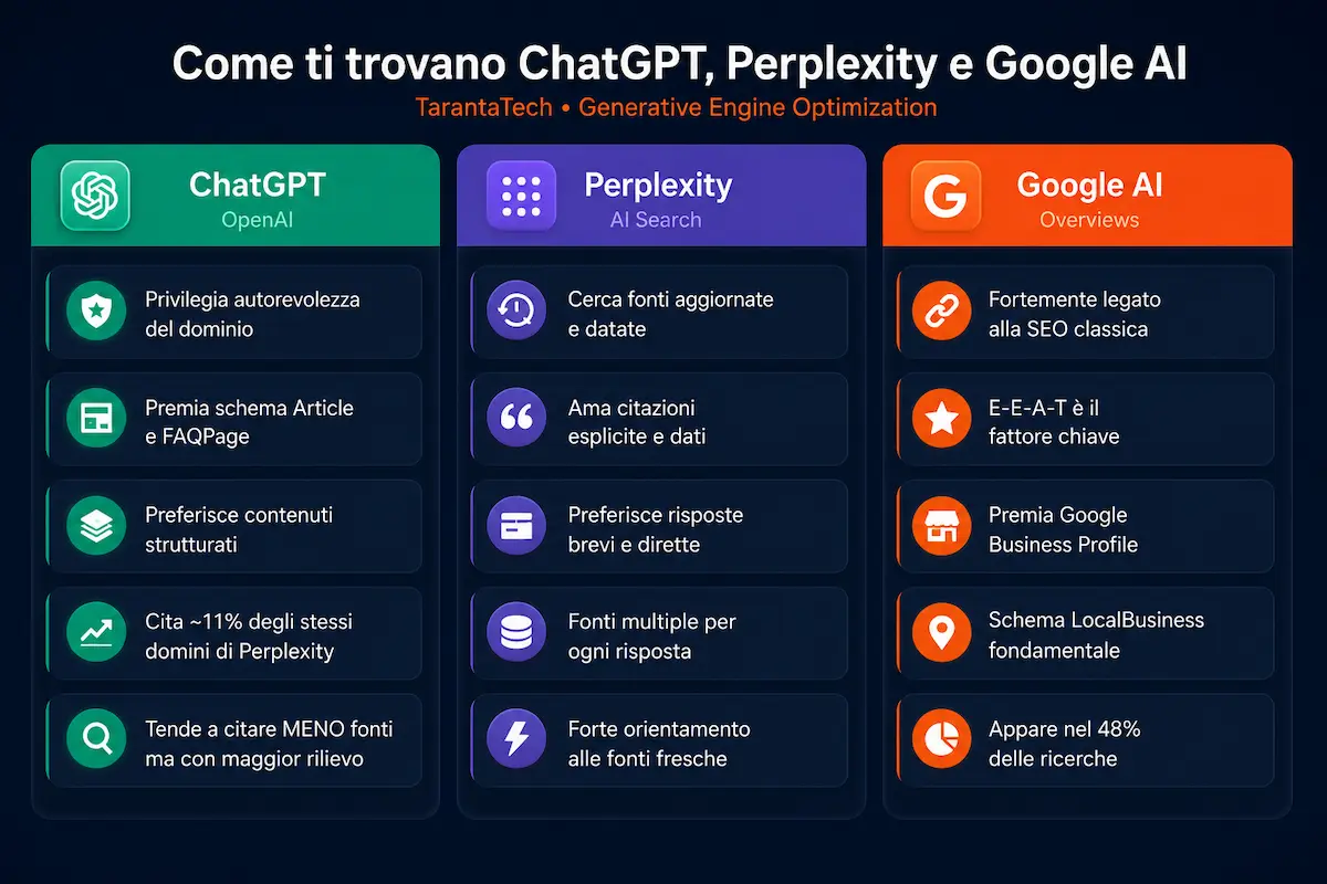 Come funzionano ChatGPT, Perplexity e Google AI Overviews per le PMI locali – schema comparativo