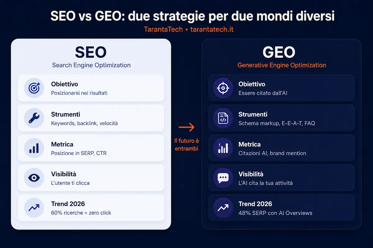 Confronto SEO vs GEO Generative Engine Optimization: differenze e sinergie per PMI nel 2026