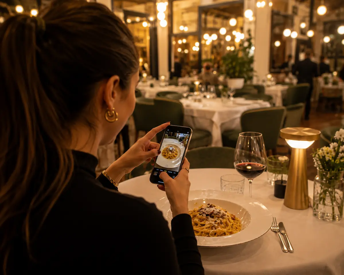 Cliente che scatta foto piatti col telefono a un piatto di pasta al ristorante