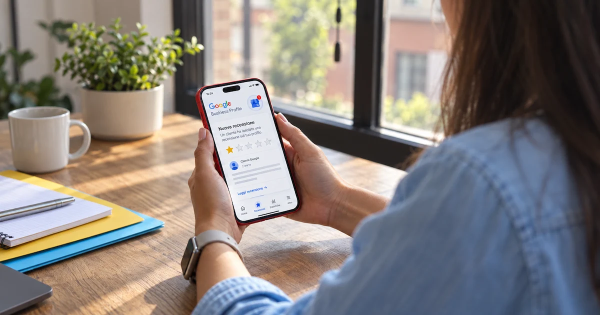 Notifica di una recensione da una stella su smartphone, profilo Google Business