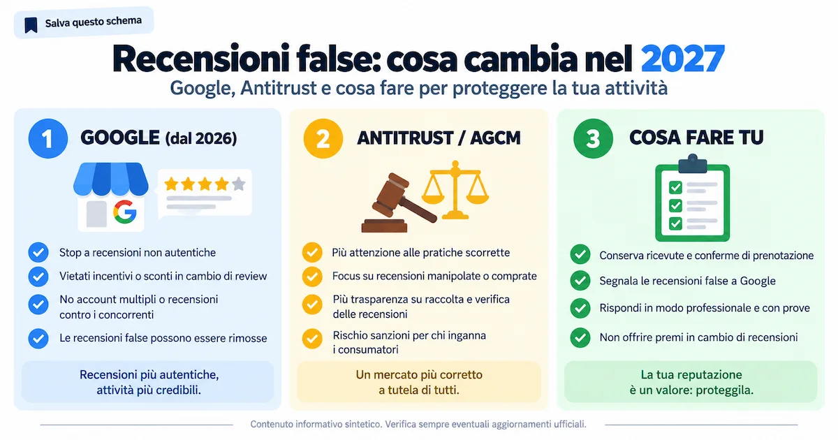 Infografica di riepilogo: nuove regole 2027 su recensioni false, Google e Antitrust